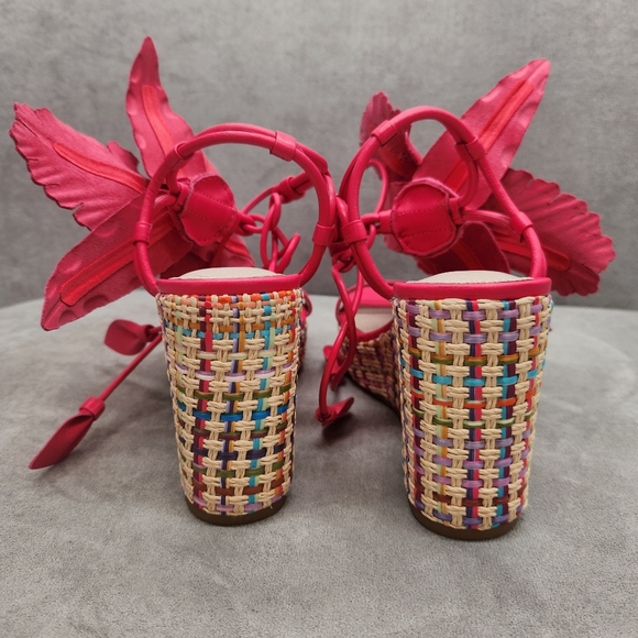 Cecelia Wedge Sandals 8 Pink Lilly Chunky Flower Leather Woven Strappy New $180 - Picture 9 of 13